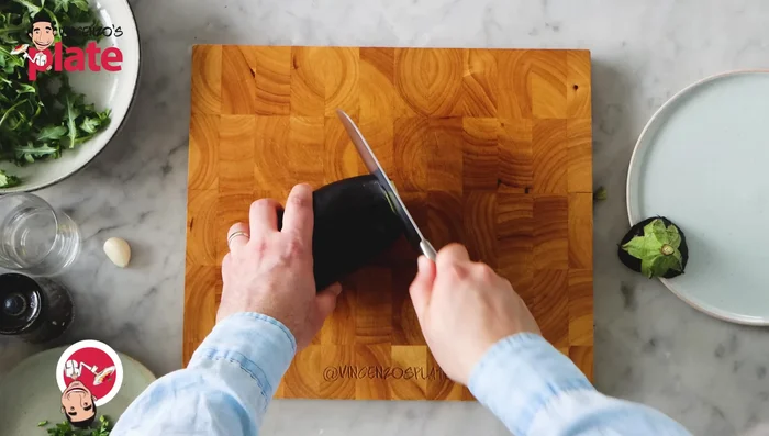 Slice the eggplant into circles (or strips). Avoid slicing too thick to ensure faster cooking.