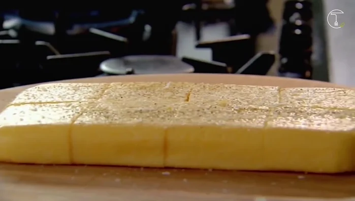 Once set, cut the polenta into desired shapes and griddle them in olive oil until nicely marked and charred.