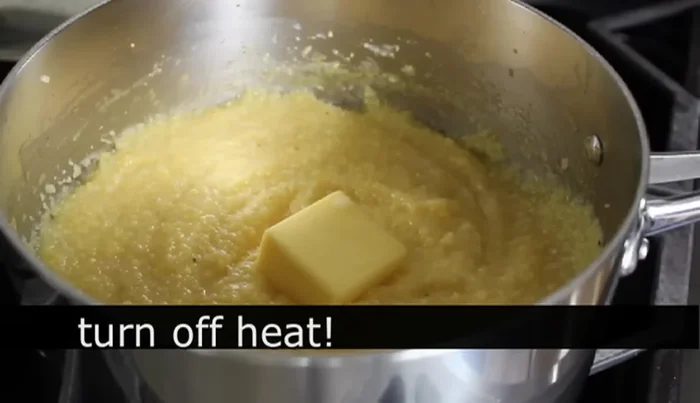 Turn off the heat, stir in butter until half-melted.