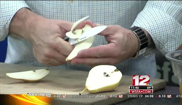 Slice pears, removing the core and stem. Cut bread into angled slices (on the bias).