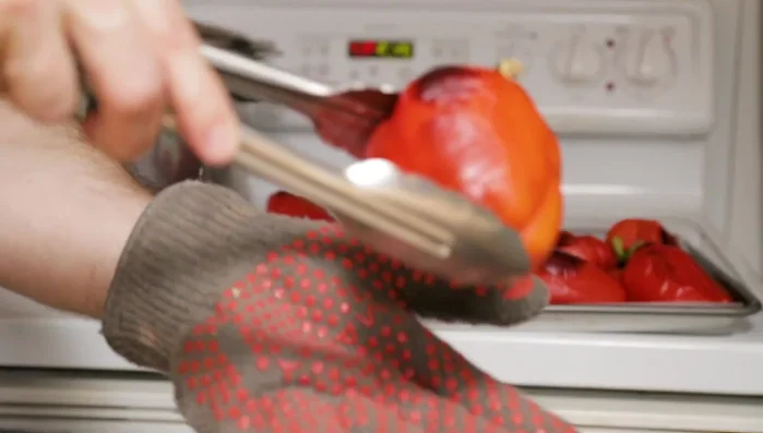 Once the peppers are browned and slightly blackened, remove from the oven.