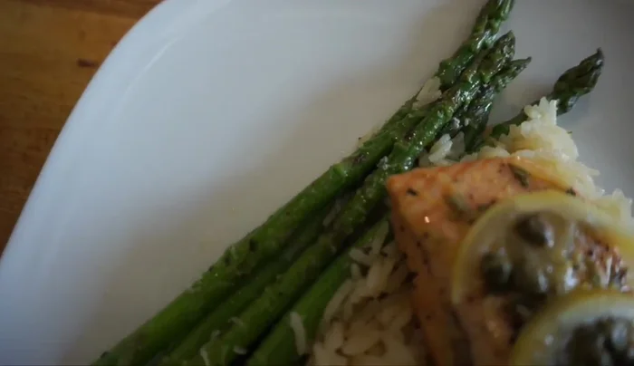 Serve salmon with asparagus over steamed rice.