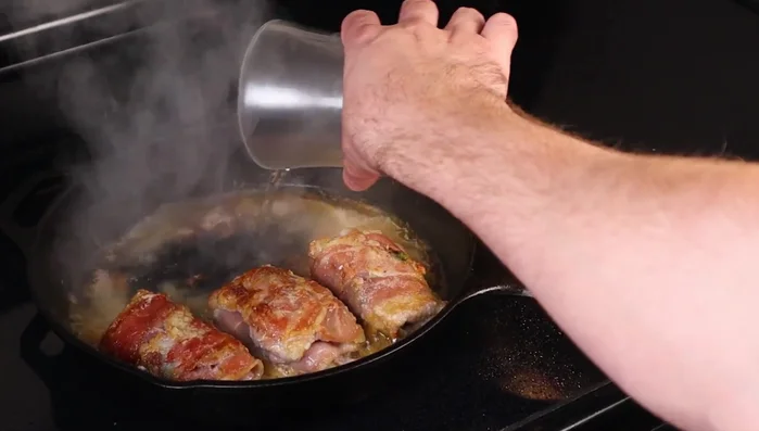 Deglaze the pan with white wine, then add butter and lemon juice to create a sauce. (248.439)