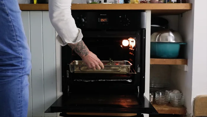 Roast for 30-40 minutes, until tomatoes blister and break down (0:73.52).