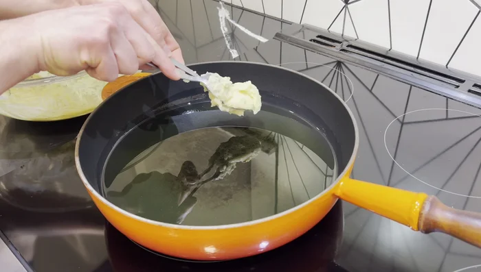 Use two spoons to shape the potato mixture into roughly circular patties (about 1 ½ to 2 tablespoons of batter each). Carefully slide into hot oil.