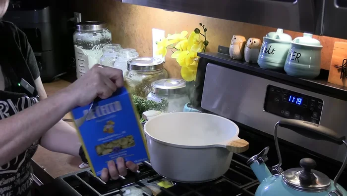 Add 16 oz of Orae pasta and cook according to package directions (9-11 minutes). Stir for 30 seconds to prevent sticking.
