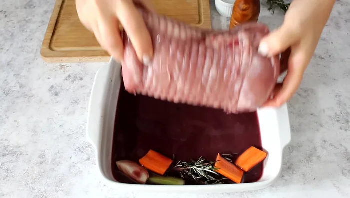 Brown the pork loin: Season the marinated pork loin with salt and pepper. Brown in olive oil in a pan.