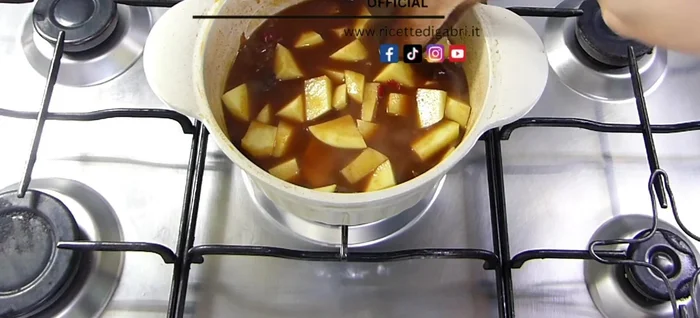After 2.5 hours, add two large potatoes cut into chunks. Cover and continue cooking, occasionally lifting the lid slightly to allow steam to escape, for another half an hour.