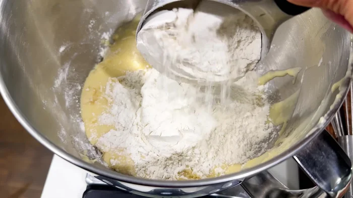 Slowly add the remaining 2 cups of flour on medium-low speed, kneading until the dough is stiff and slightly sticky (about 12 minutes).