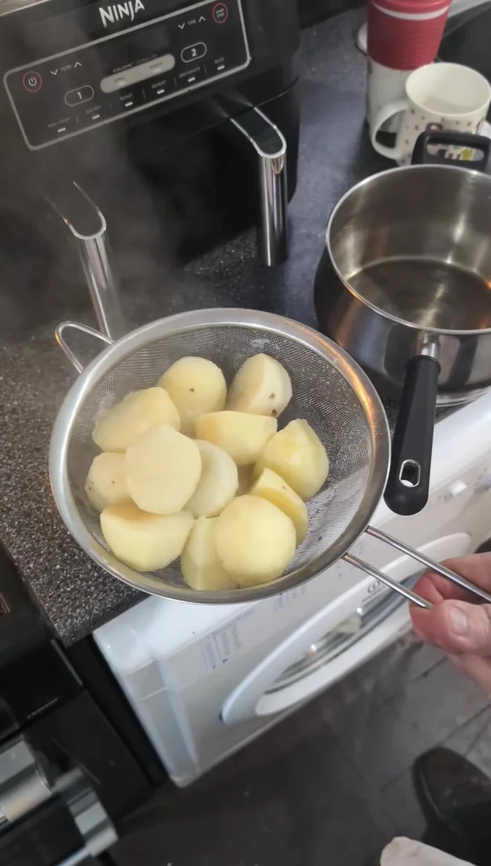 Air fry the boiled potatoes with a little oil until crispy (about 15 minutes).