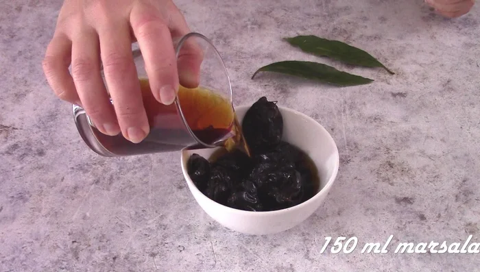 Macerate 12 pitted dried plums in 150ml of Marsala wine for 20 minutes.