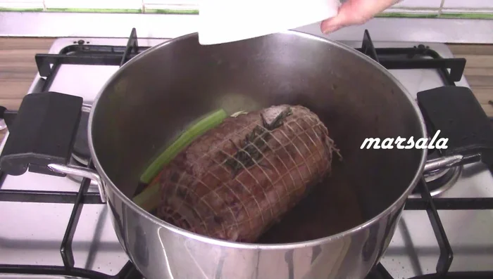 Deglaze the pan with Marsala, add bay leaves, and let the alcohol evaporate.
