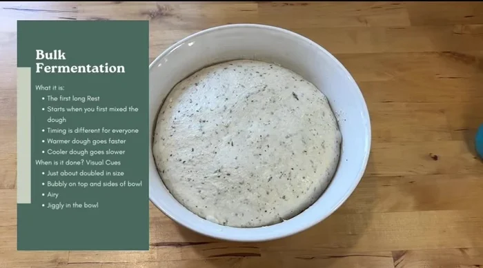 Bulk fermentation: Let the dough rise until doubled in size, bubbly, and airy (approximately 6 hours at 80°).