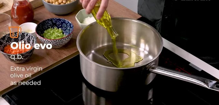 Start with a nice sauté. Add oil to the pan along with celery, carrot, and onion. Let the sauté sweat a bit, but keep mixing, otherwise it will burn.