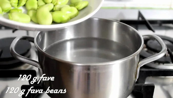 Boil 120g peeled broad beans (or use raw).