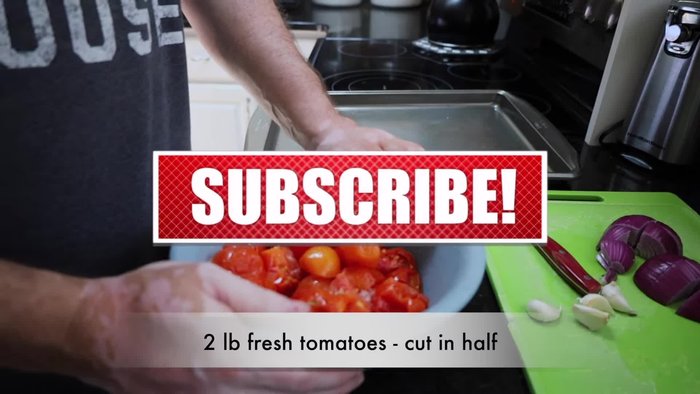 In a pan, combine 2 lbs of tomatoes (fresh or thawed frozen), 1 medium chopped onion, and 4 cloves of garlic (skins on).