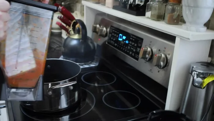 Return the blended soup to the pot. Stir in 1/2 cup of heavy whipping cream and heat through for a couple of minutes.