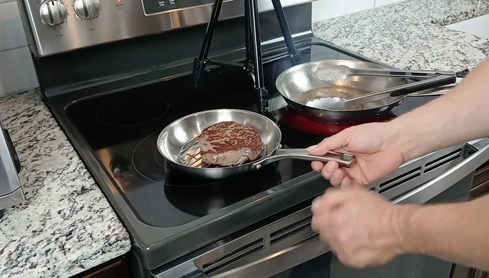 Finish cooking the steak: Transfer the steak to another pan and finish cooking in the oven to your desired doneness (medium-rare: 125-130°F).