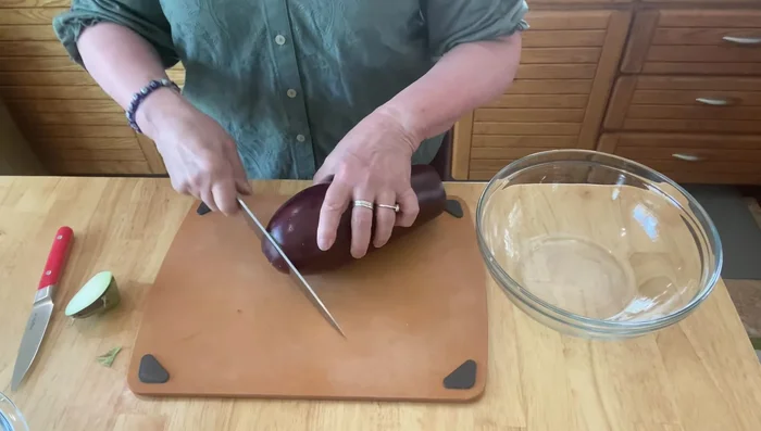 Cut eggplant into 1-2 inch squares. Ensure the eggplant is firm and without bruises. You can leave the skin on or remove it.