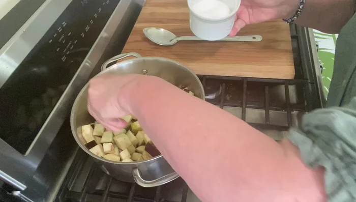 Add eggplant to the hot oil, stir in 1 teaspoon salt and cook for about 5 minutes.