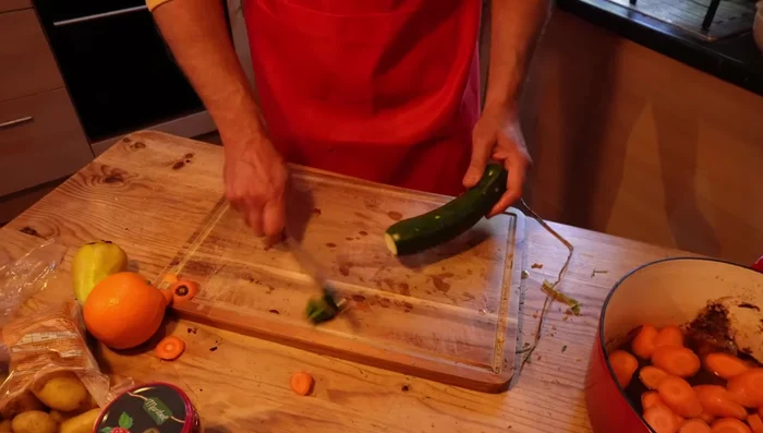 Prepare vegetables: Chop carrots, broccoli, and potatoes (cut potatoes in quarters without separating).