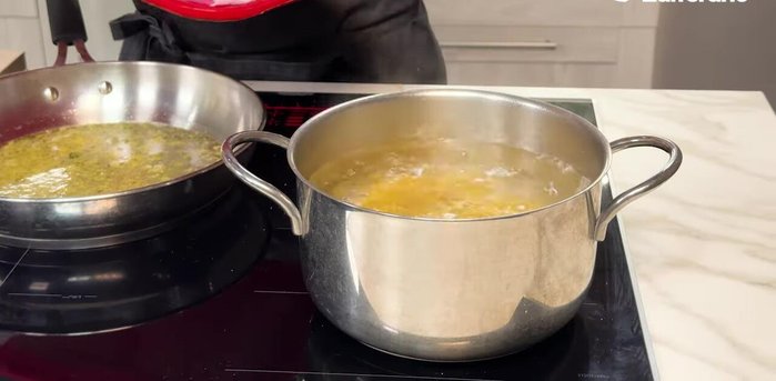 Cook the tagliolini nests in boiling water for less than a minute. Transfer directly into the lemon dressing, adding a ladleful of pasta water.