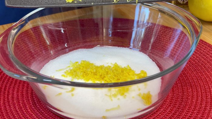In a mixing bowl, combine sugar, lemon zest, and salt. Mix well.
