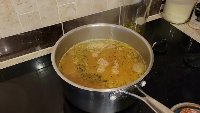 Bring to a boil, then add pasta (about half or 2/3 of the bag).