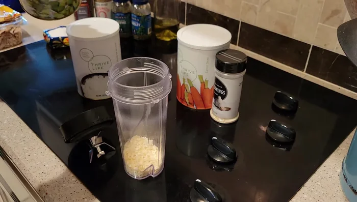 Blend freeze-dried onions, celery, carrots, and garlic.