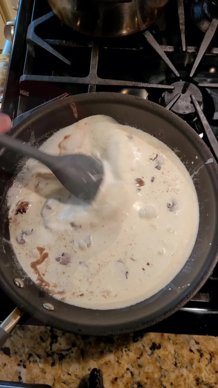 Increase heat to high, stir in cream, salt, pepper, and thyme.