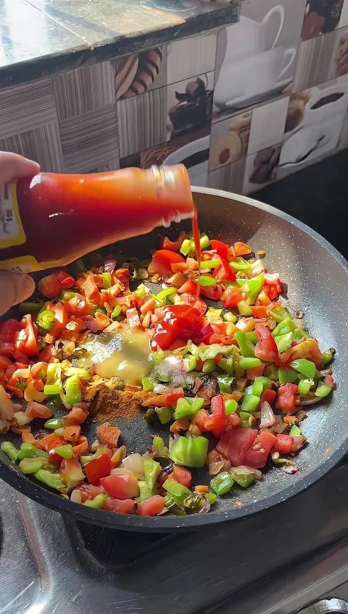 Add green chili sauce, tomato sauce, and soy sauce. Mix well.