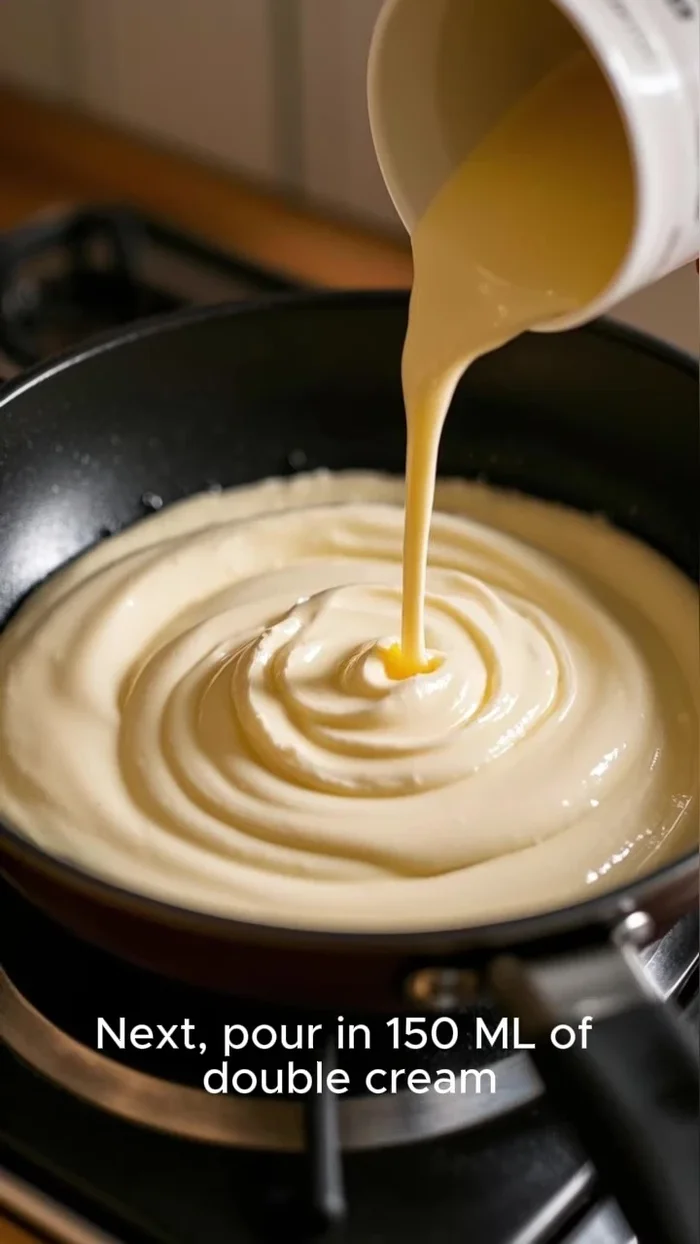 Pour in 150ml of double cream and stir. Simmer for 2-3 minutes.